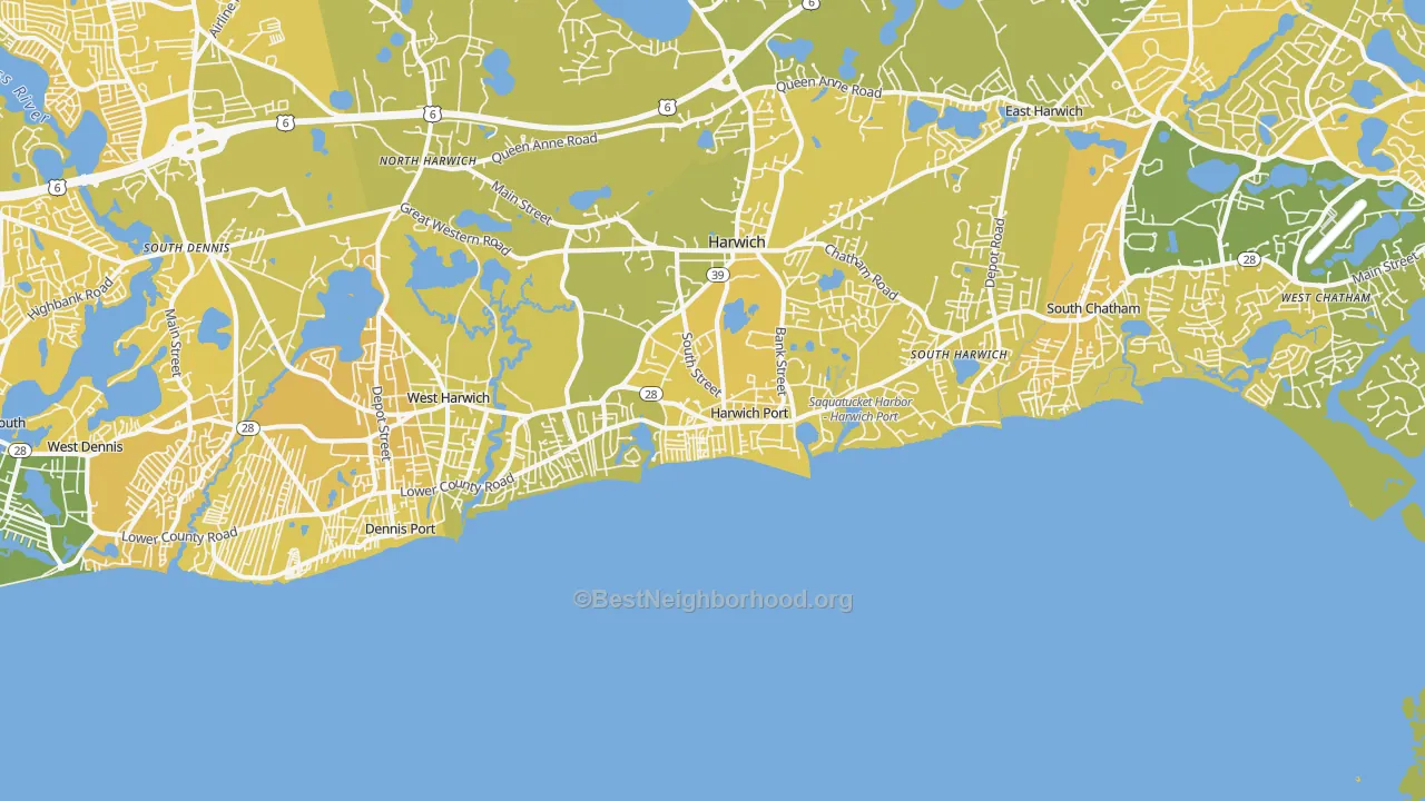 Map of the best neighborhoods in the Harwich Port area, with better matches in green and worse matches in red