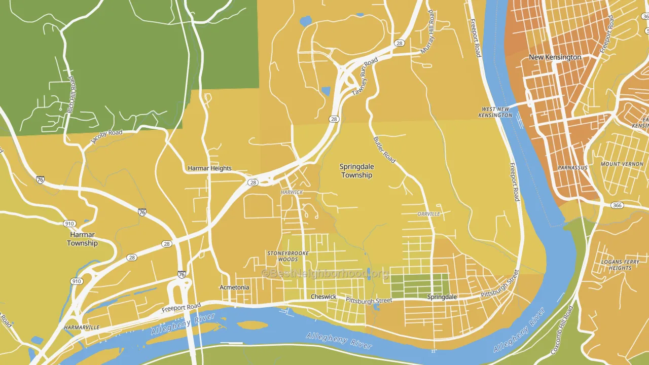 Map of the best neighborhoods in the Harwick area, with better matches in green and worse matches in red