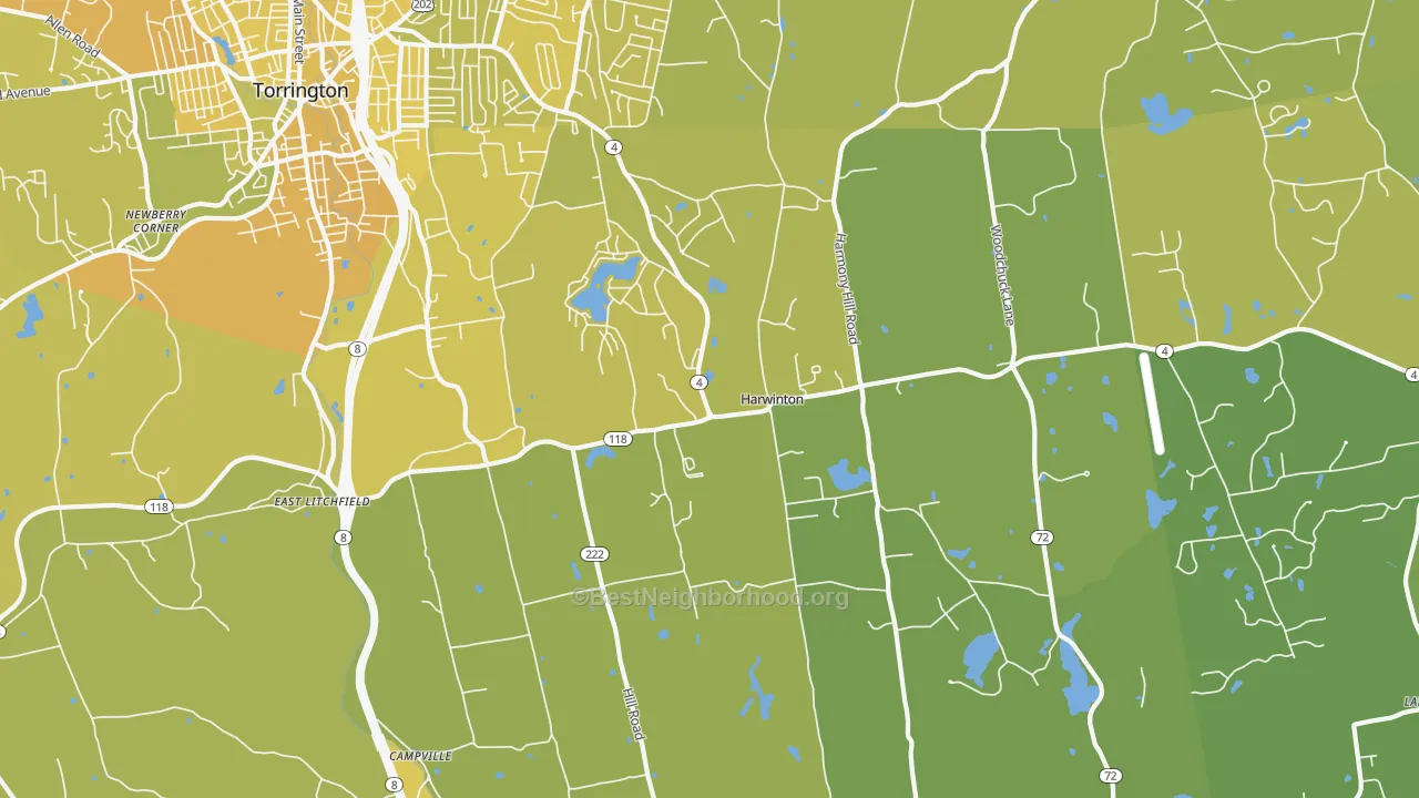 Map of the best neighborhoods in the Harwinton area, with better matches in green and worse matches in red