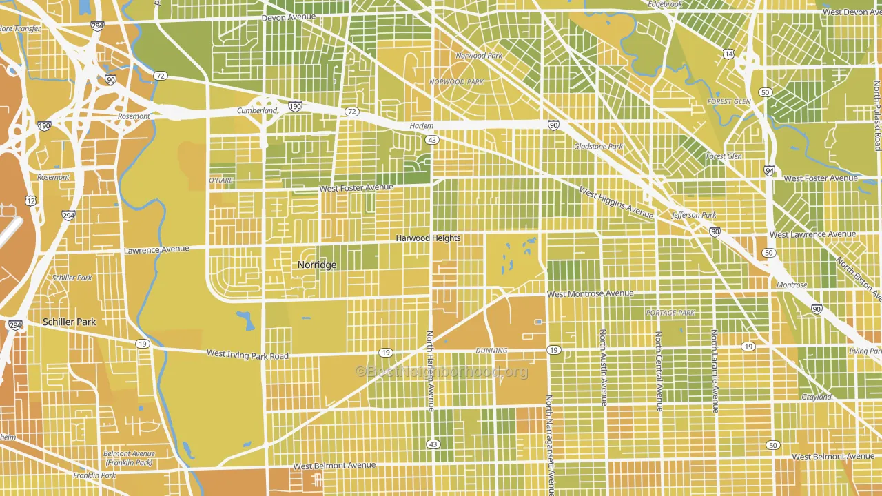 Map of the best neighborhoods in the Harwood Heights area, with better matches in green and worse matches in red