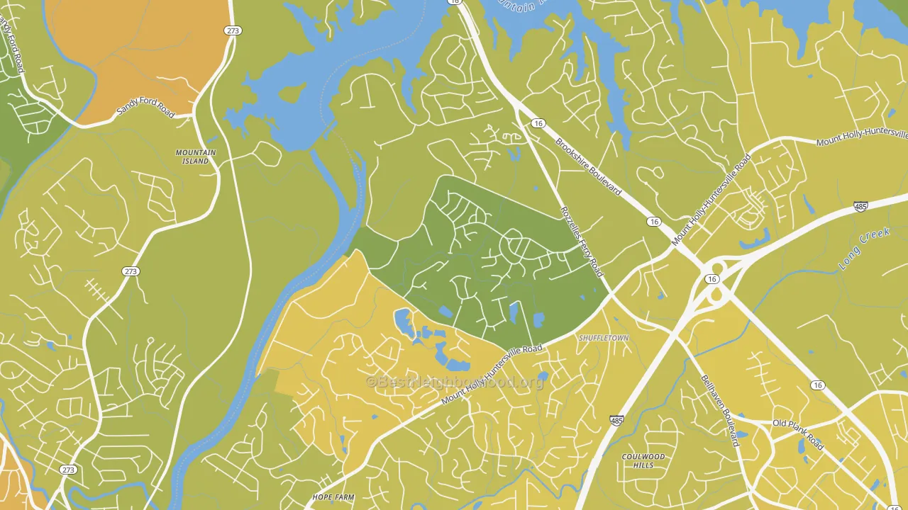 Map of the best neighborhoods in the Harwood Lane, Charlotte area, with better matches in green and worse matches in red