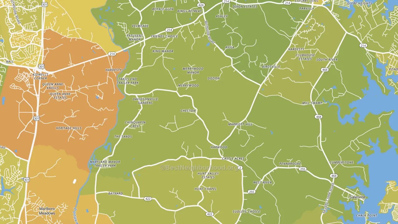 Map of the best neighborhoods in the Harwood area, with better matches in green and worse matches in red