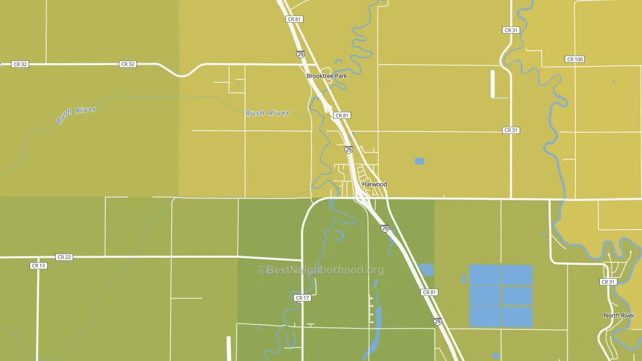 Map of the best neighborhoods in the Harwood area, with better matches in green and worse matches in red