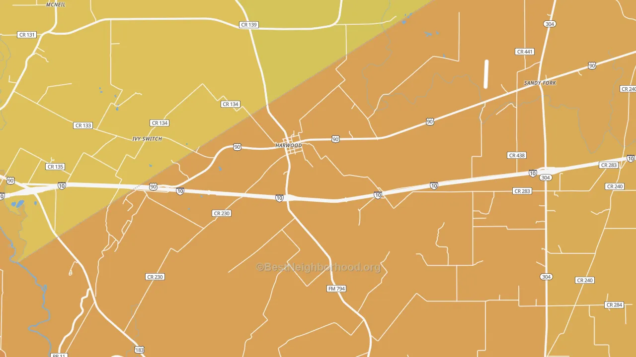 Map of the best neighborhoods in the Harwood area, with better matches in green and worse matches in red