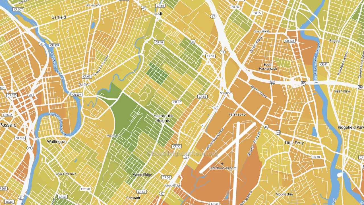 Map of the best neighborhoods in the Hasbrouck Heights area, with better matches in green and worse matches in red