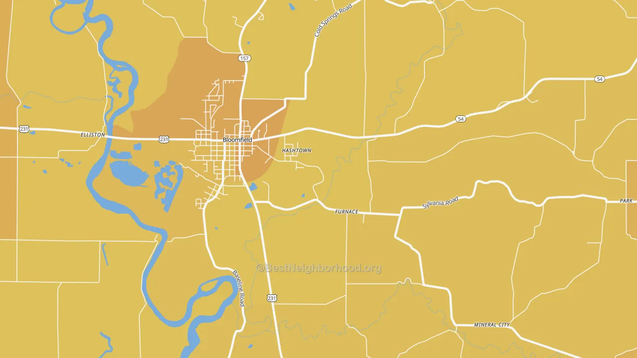 Map of the best neighborhoods in the Hashtown area, with better matches in green and worse matches in red