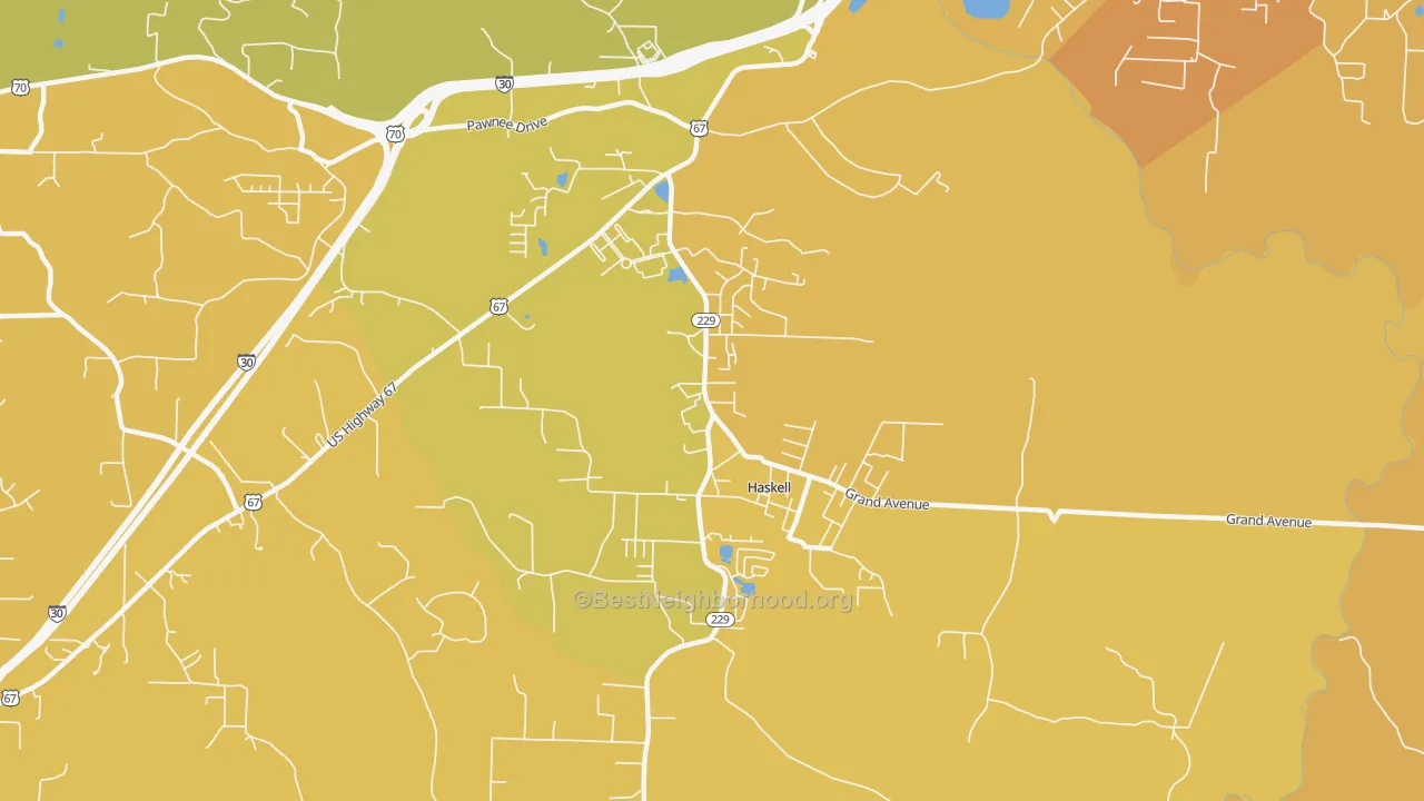 Map of the best neighborhoods in the Haskell area, with better matches in green and worse matches in red