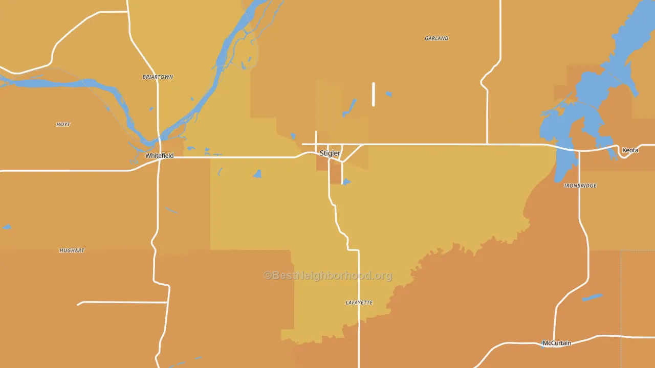 Map of the best neighborhoods in the Haskell County area, with better matches in green and worse matches in red
