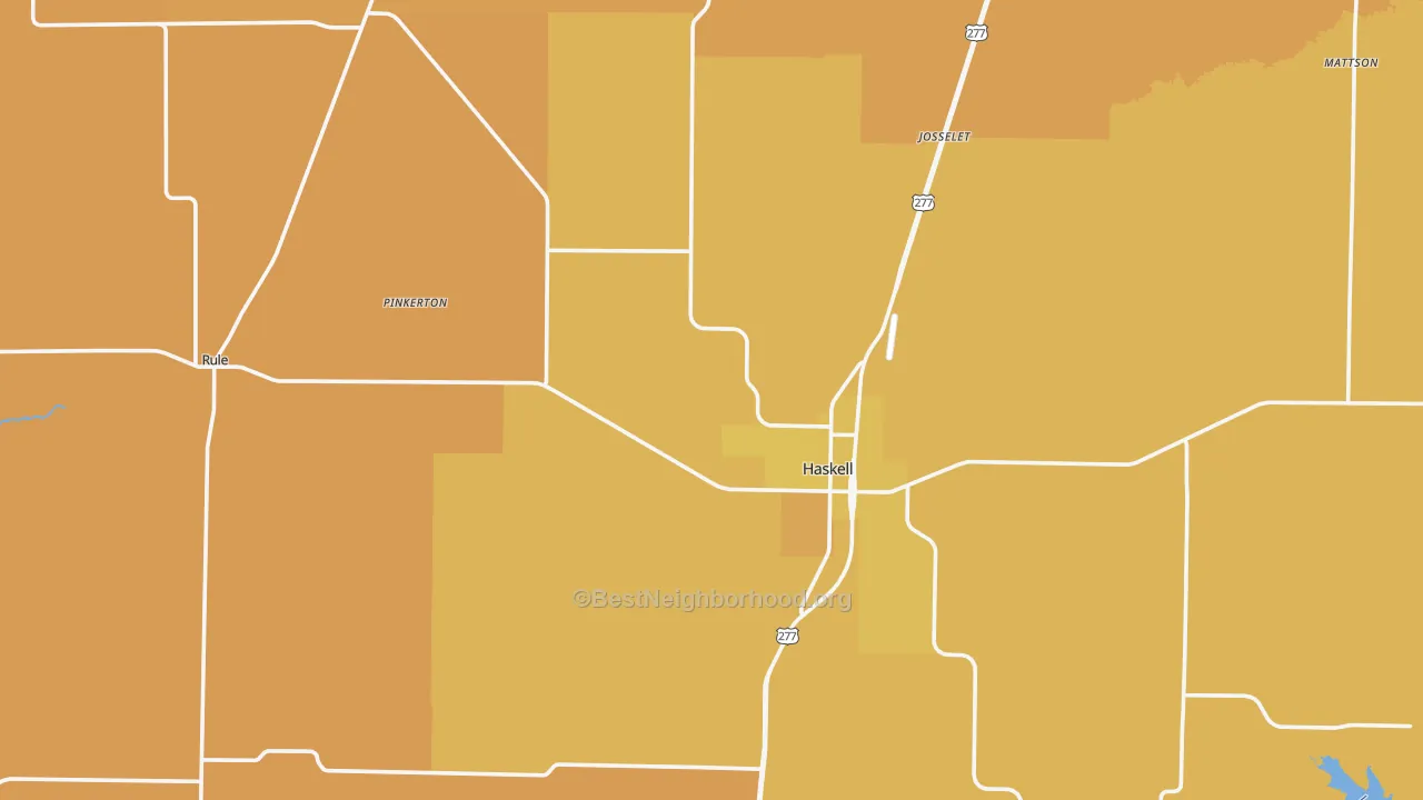 Map of the best neighborhoods in the Haskell County area, with better matches in green and worse matches in red