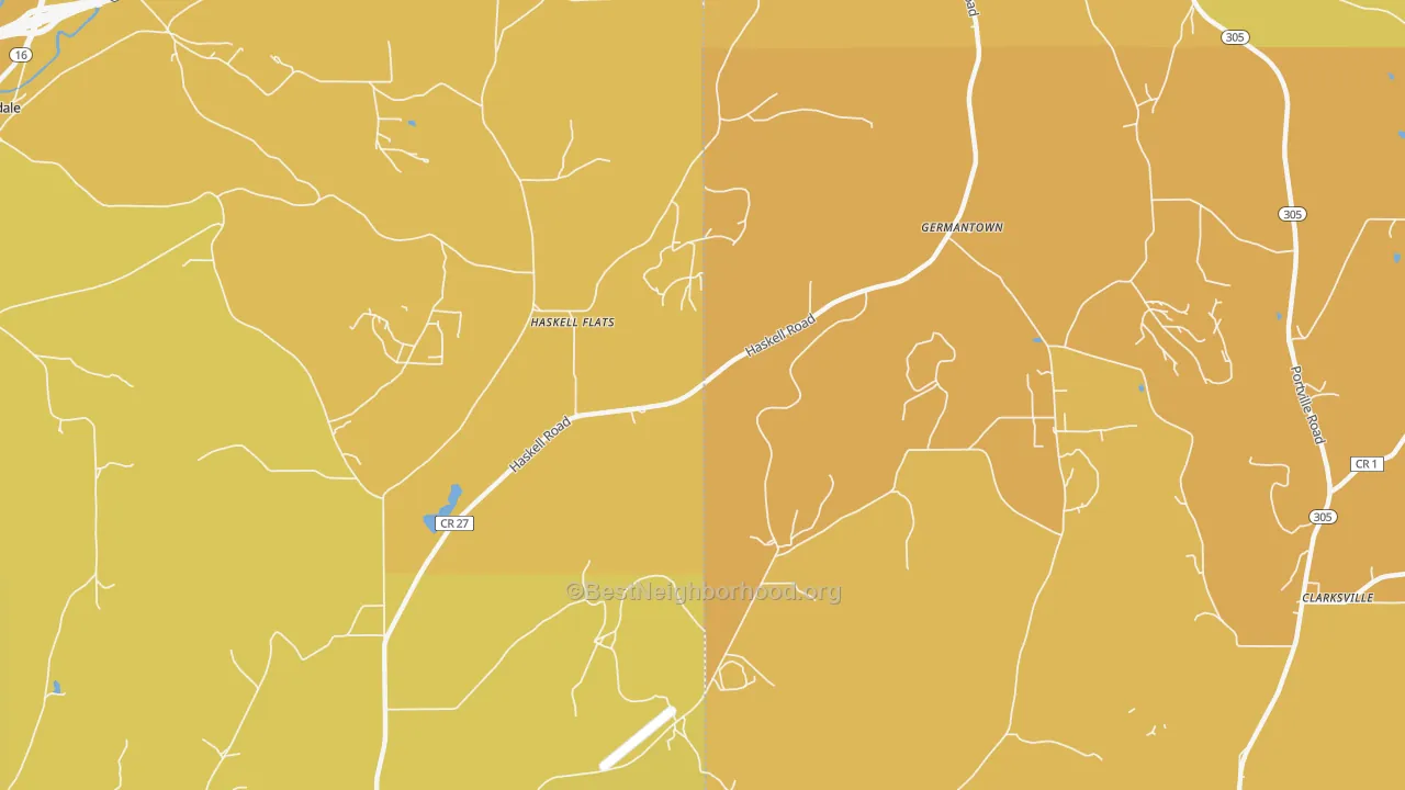 Map of the best neighborhoods in the Haskell Flats area, with better matches in green and worse matches in red