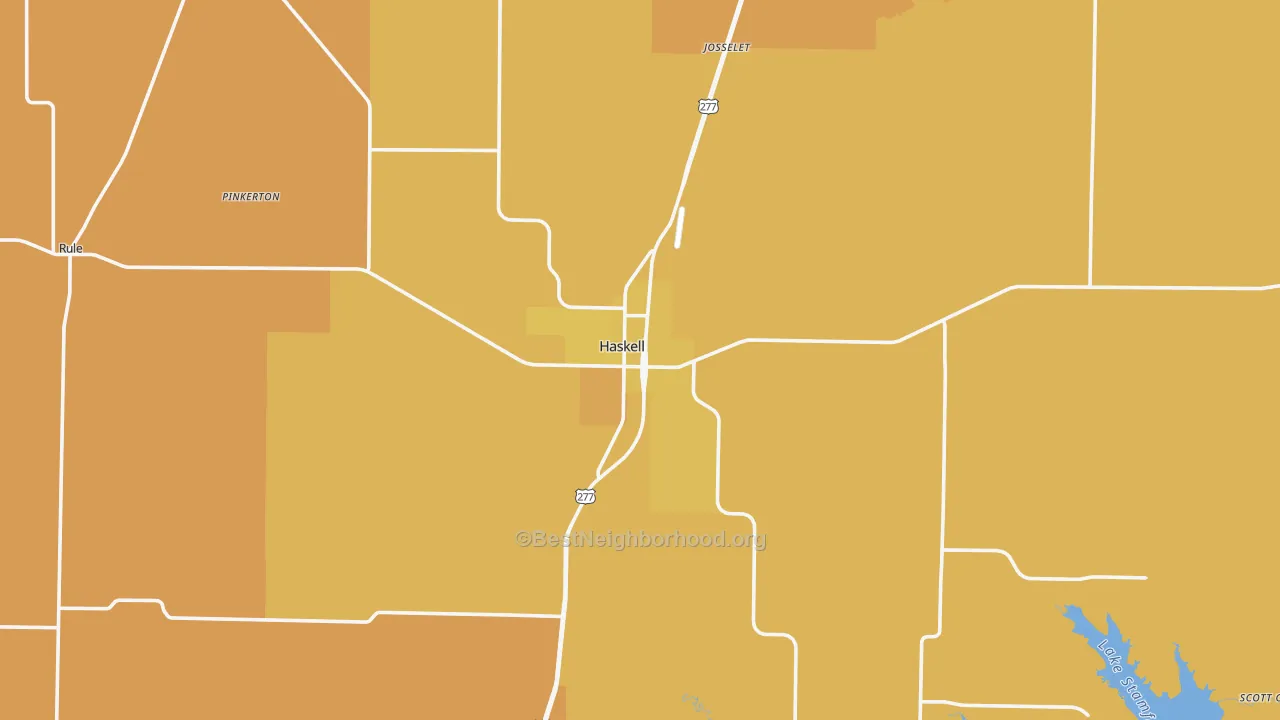 Map of the best neighborhoods in the Haskell area, with better matches in green and worse matches in red