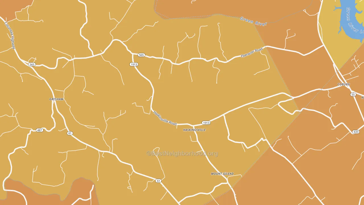 Map of the best neighborhoods in the Haskingsville area, with better matches in green and worse matches in red