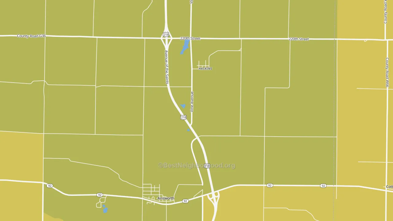 Map of the best neighborhoods in the Haskins area, with better matches in green and worse matches in red