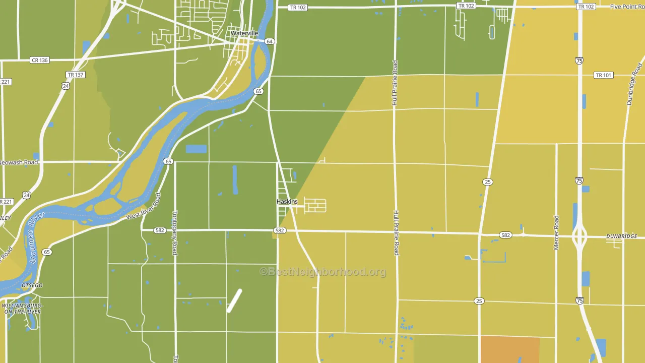 Map of the best neighborhoods in the Haskins area, with better matches in green and worse matches in red