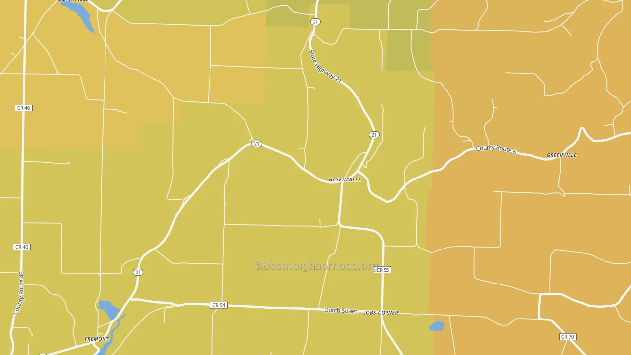 Map of the best neighborhoods in the Haskinville area, with better matches in green and worse matches in red