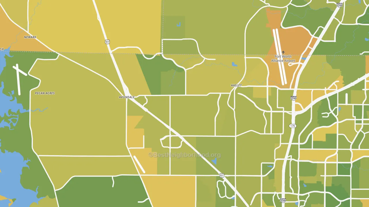 Map of the best neighborhoods in the Haslet area, with better matches in green and worse matches in red