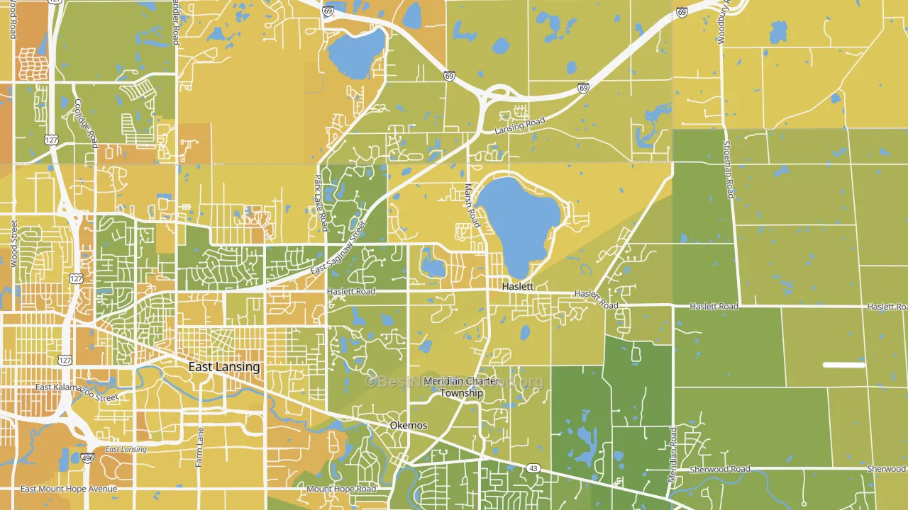 Map of the best neighborhoods in the Haslett area, with better matches in green and worse matches in red