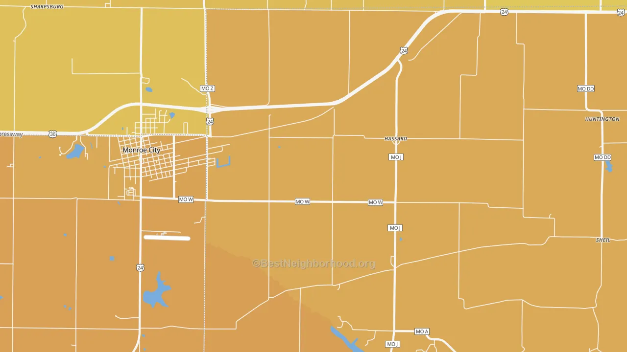 Map of the best neighborhoods in the Hassard area, with better matches in green and worse matches in red