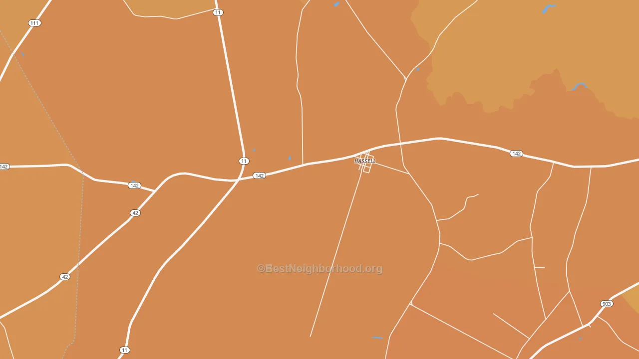 Map of the best neighborhoods in the Hassell area, with better matches in green and worse matches in red