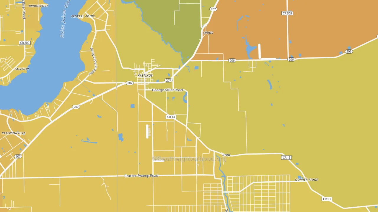 Map of the best neighborhoods in the Hastings area, with better matches in green and worse matches in red