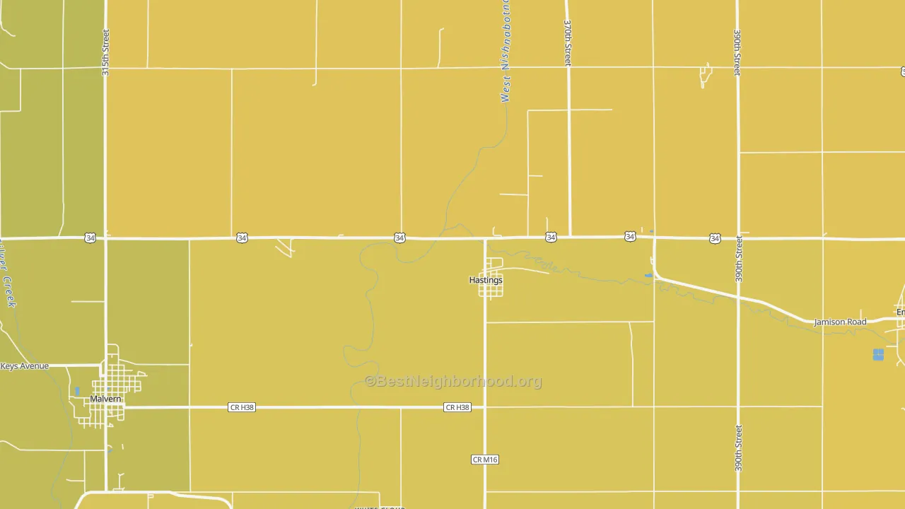 Map of the best neighborhoods in the Hastings area, with better matches in green and worse matches in red