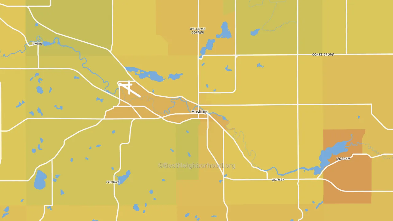 Map of the best neighborhoods in the Hastings area, with better matches in green and worse matches in red
