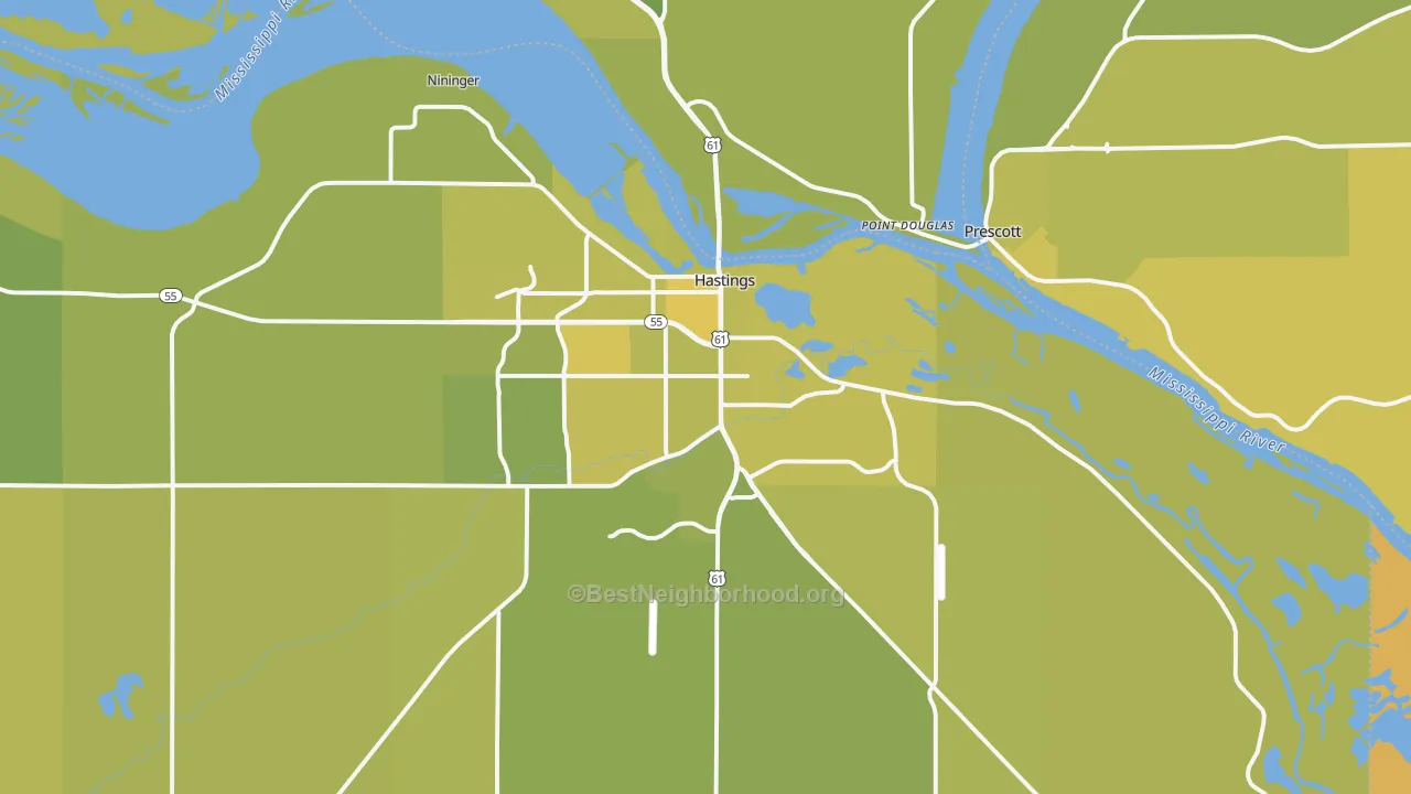 Map of the best neighborhoods in the Hastings area, with better matches in green and worse matches in red