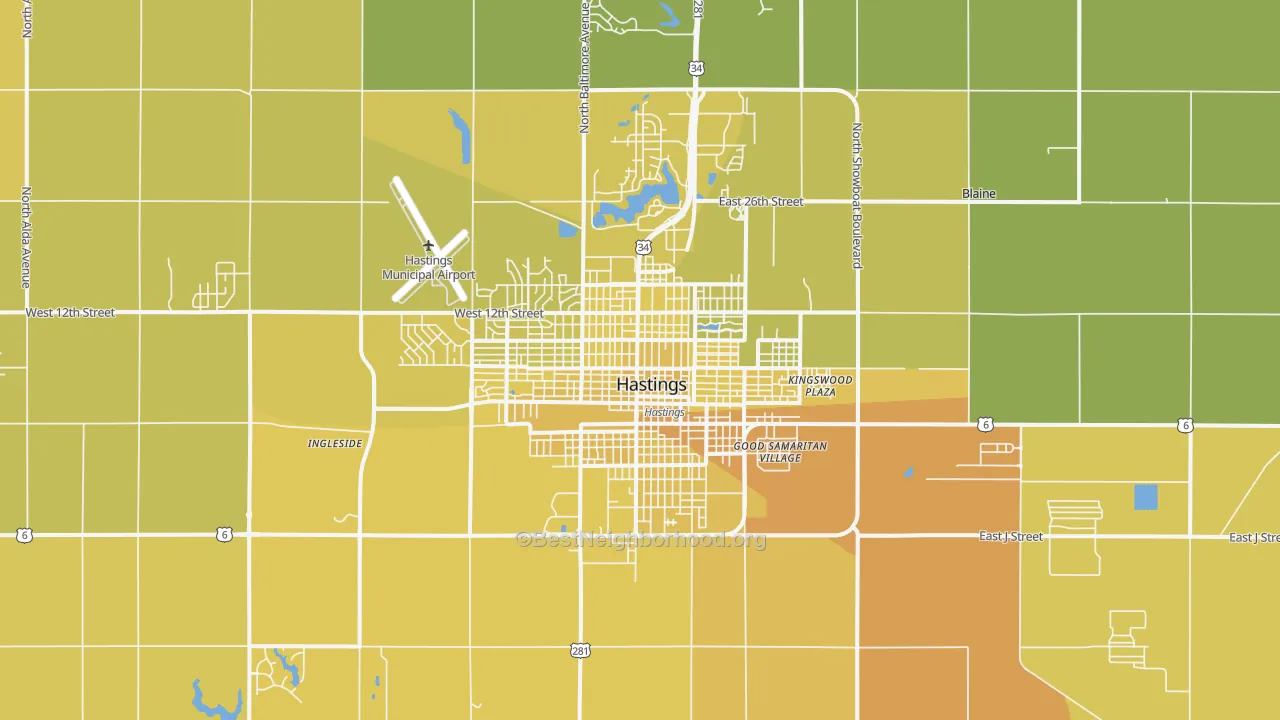 Map of the best neighborhoods in the Hastings area, with better matches in green and worse matches in red