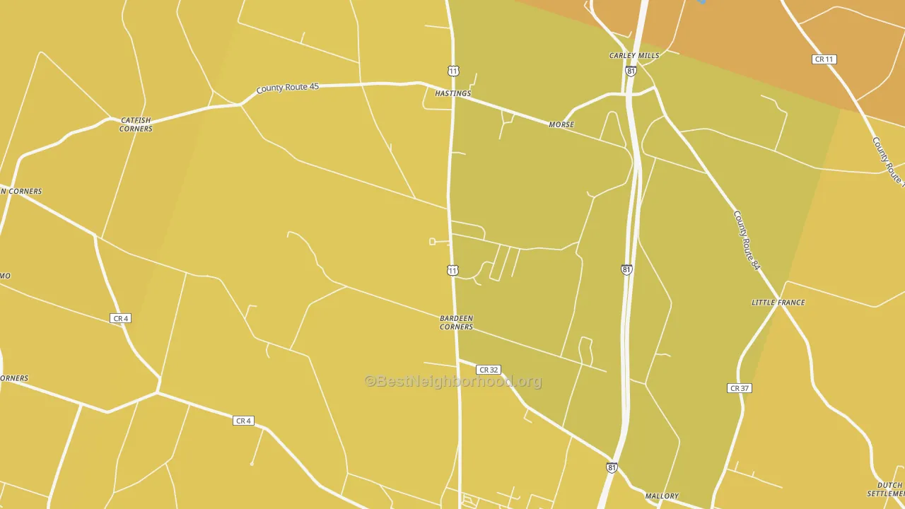 Map of the best neighborhoods in the Hastings area, with better matches in green and worse matches in red