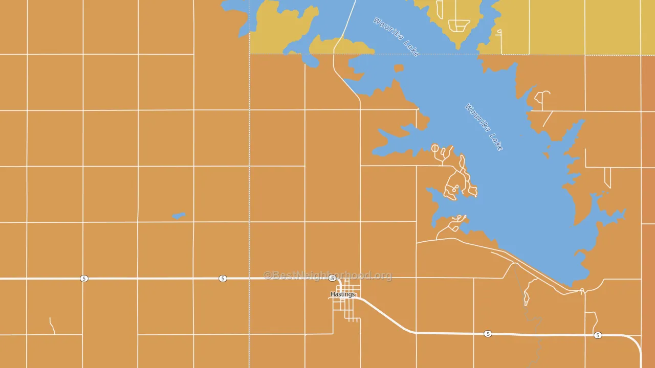 Map of the best neighborhoods in the Hastings area, with better matches in green and worse matches in red