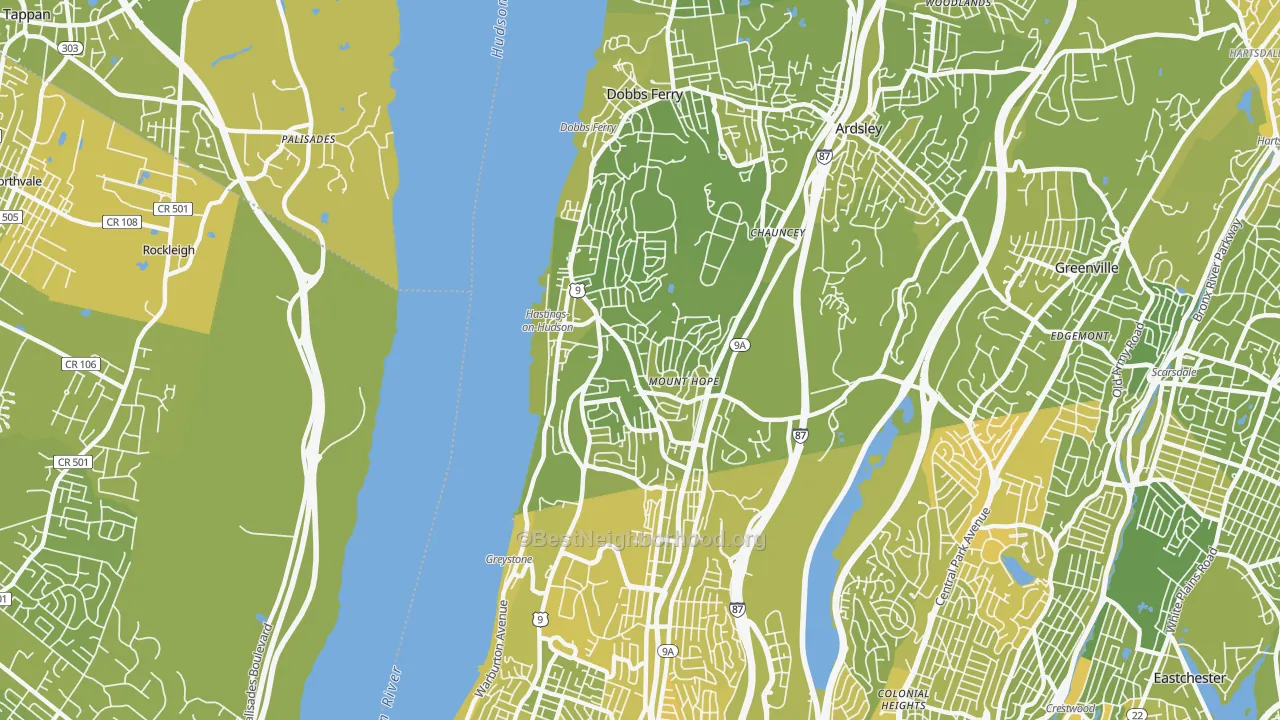 Map of the best neighborhoods in the Hastings-on-Hudson area, with better matches in green and worse matches in red