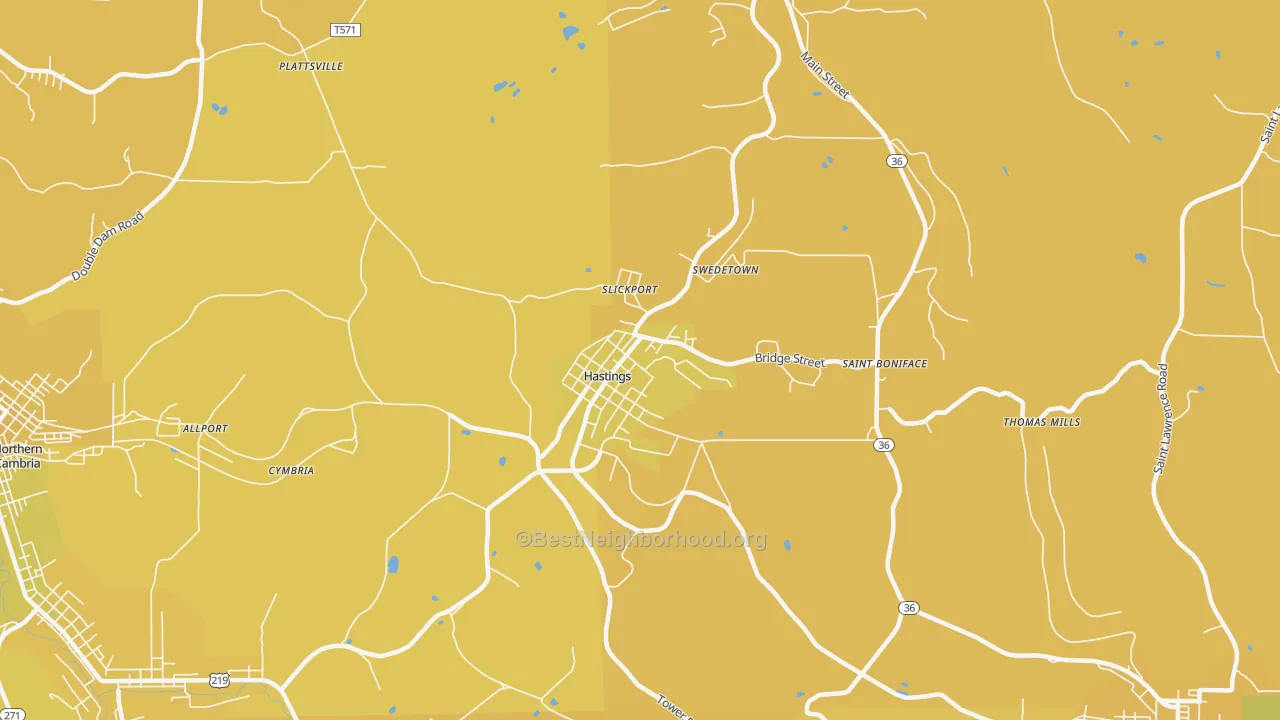 Map of the best neighborhoods in the Hastings area, with better matches in green and worse matches in red