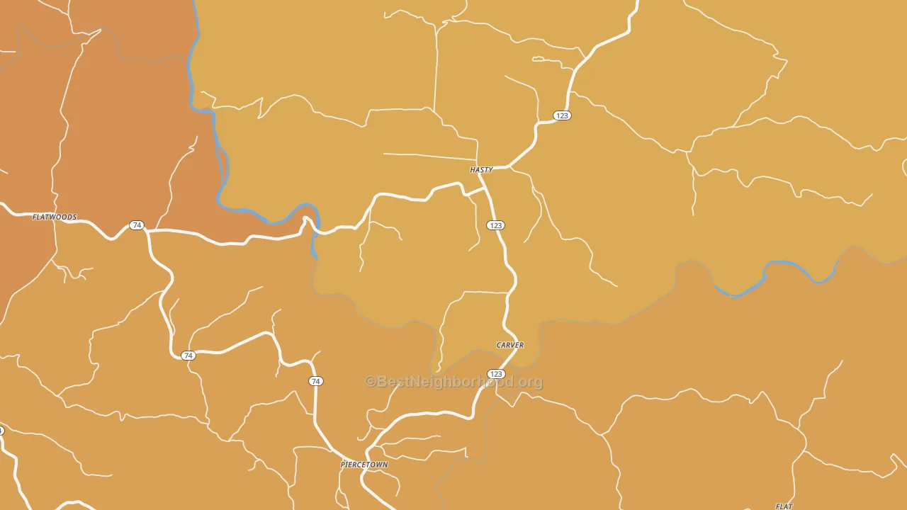 Map of the best neighborhoods in the Hasty area, with better matches in green and worse matches in red