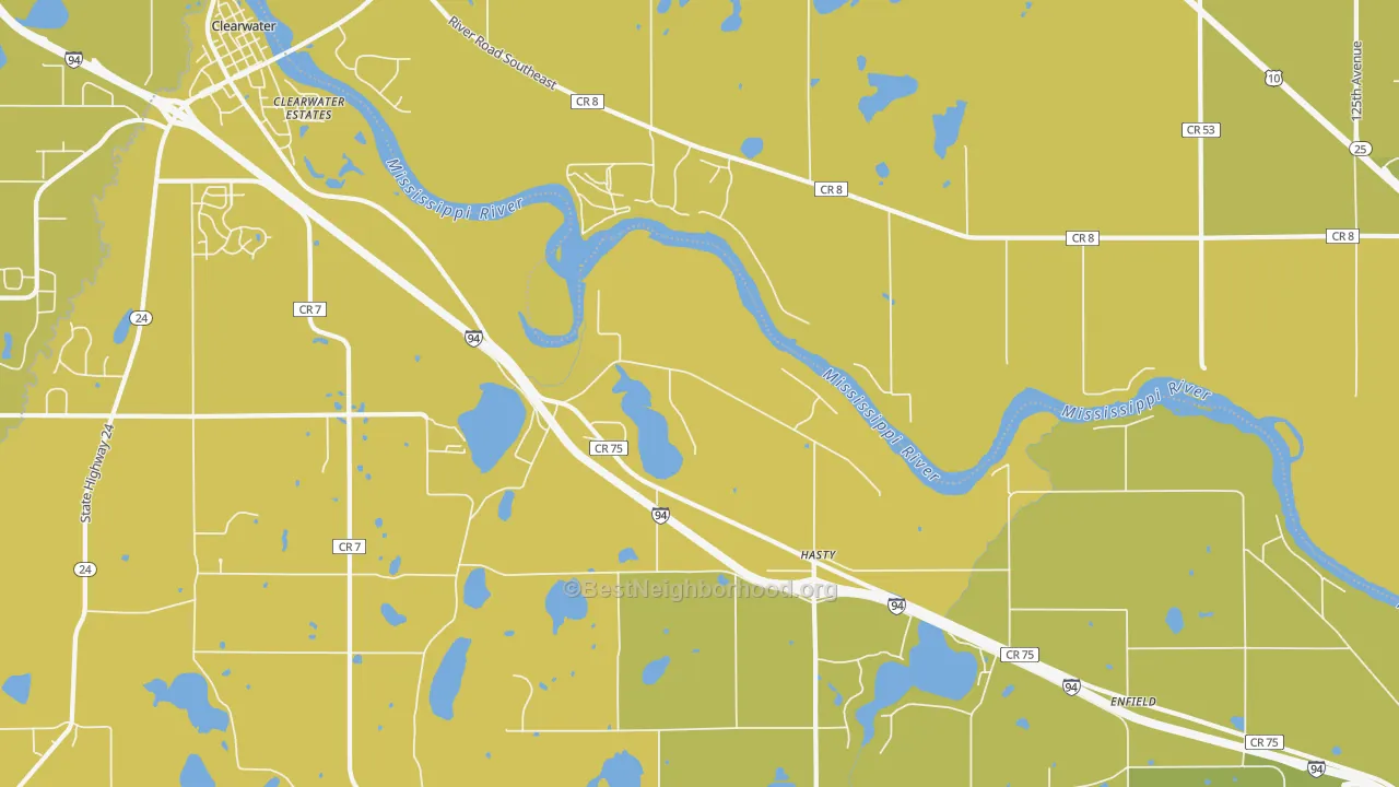 Map of the best neighborhoods in the Hasty area, with better matches in green and worse matches in red