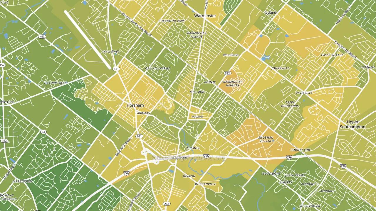 Map of the best neighborhoods in the Hatboro area, with better matches in green and worse matches in red