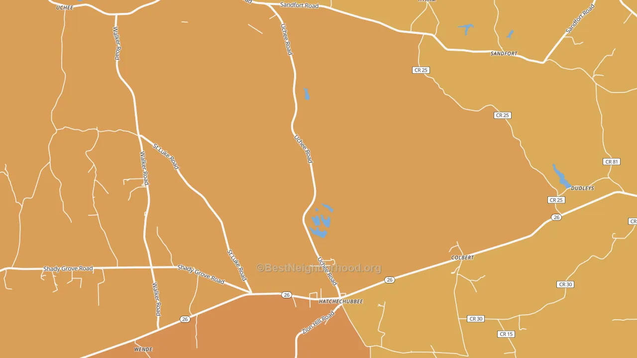 Map of the best neighborhoods in the Hatchechubbee area, with better matches in green and worse matches in red