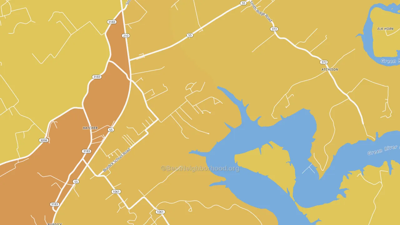 Map of the best neighborhoods in the Hatcher area, with better matches in green and worse matches in red