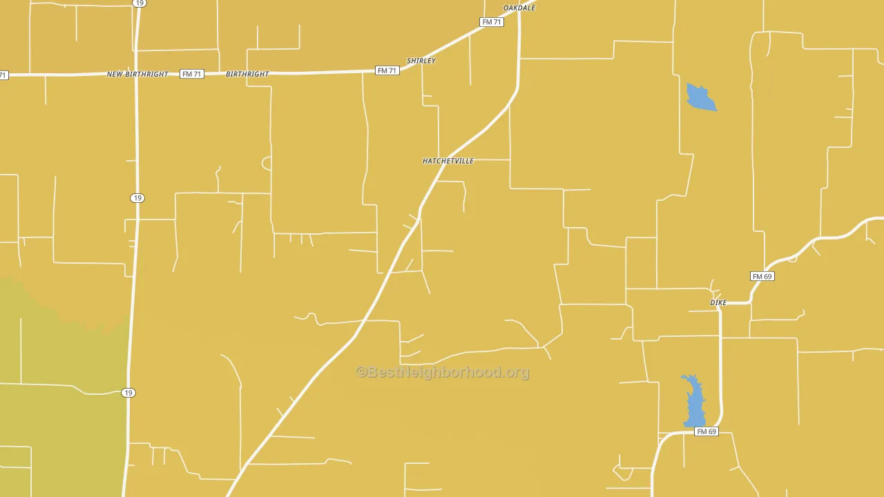 Map of the best neighborhoods in the Hatchetville area, with better matches in green and worse matches in red