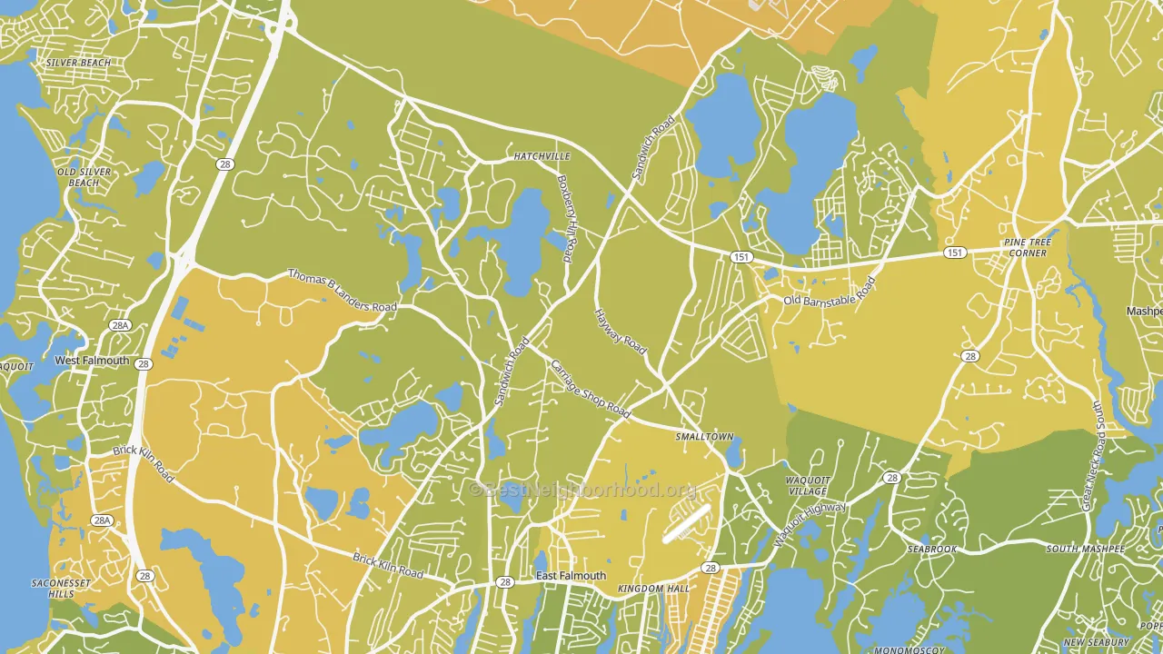 Map of the best neighborhoods in the Hatchville, East Falmouth area, with better matches in green and worse matches in red