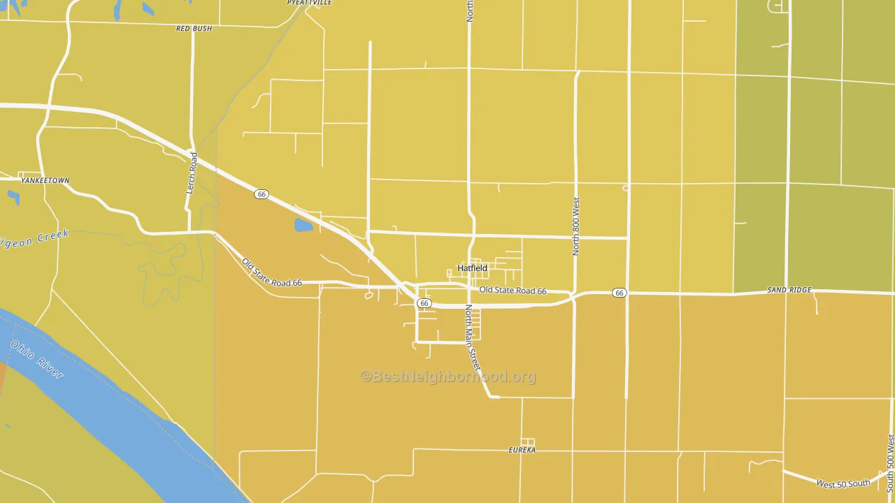 Map of the best neighborhoods in the Hatfield area, with better matches in green and worse matches in red