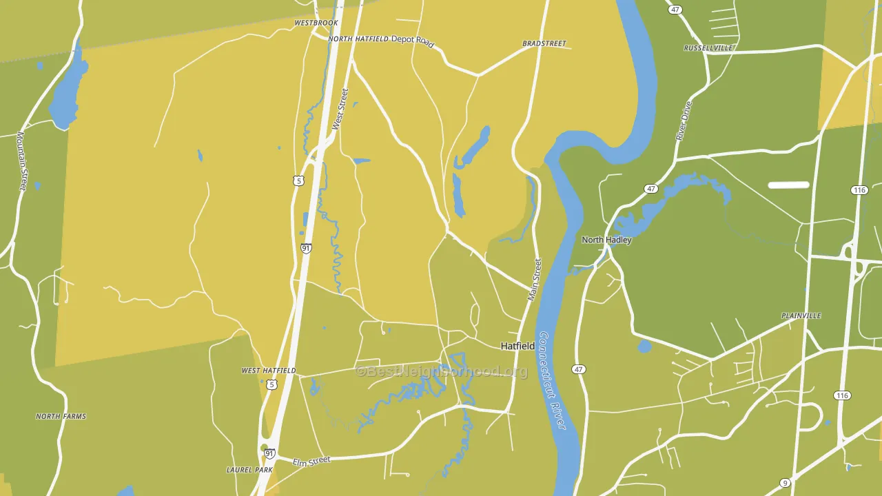 Map of the best neighborhoods in the Hatfield area, with better matches in green and worse matches in red