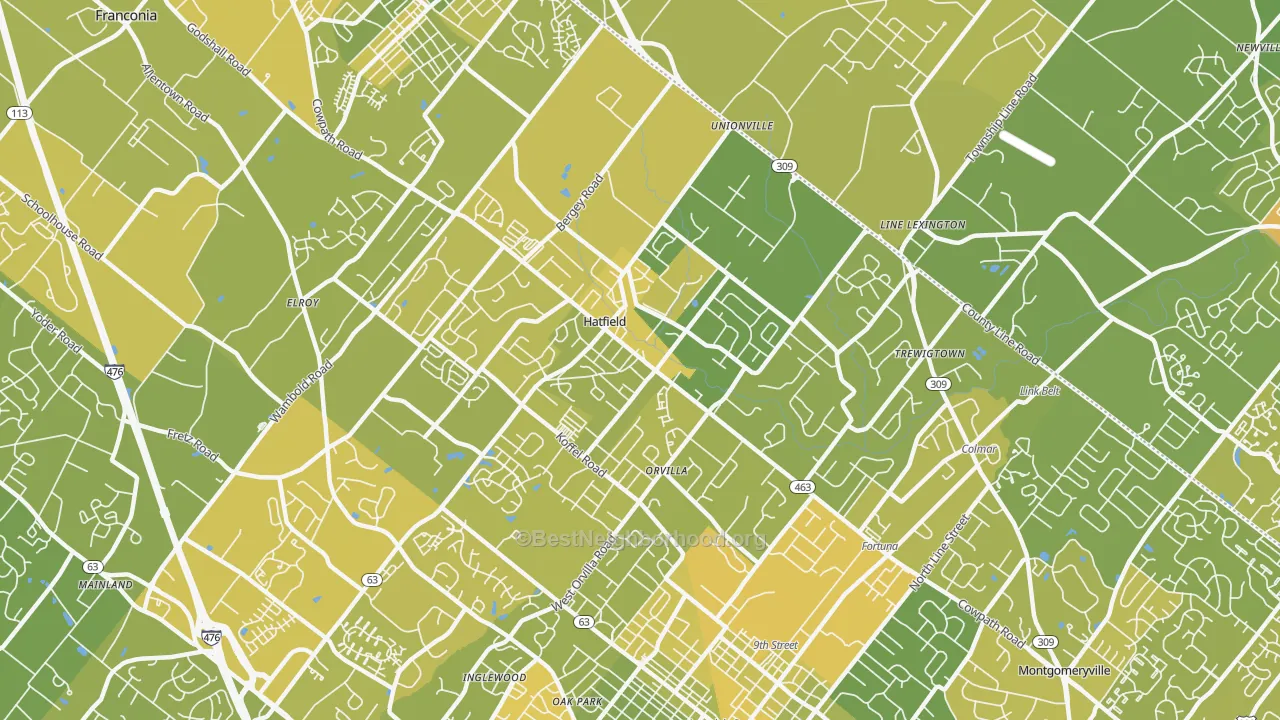 Map of the best neighborhoods in the Hatfield area, with better matches in green and worse matches in red