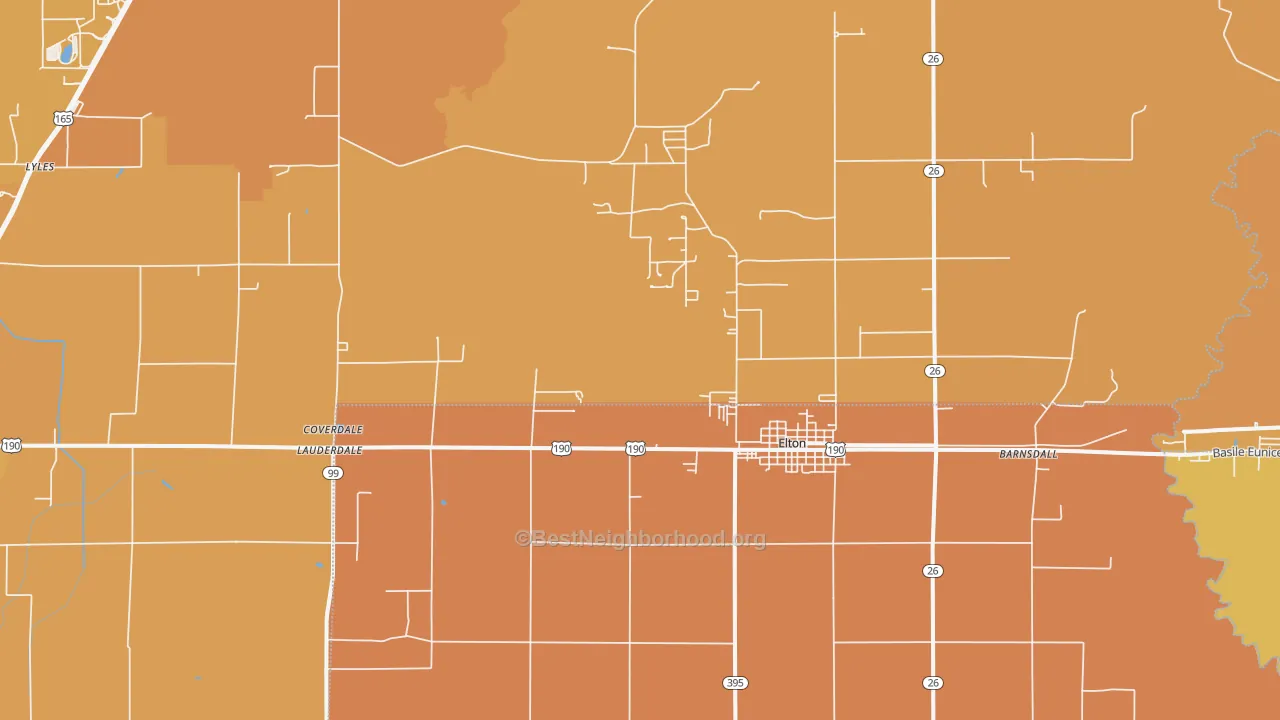 Map of the best neighborhoods in the Hathaway area, with better matches in green and worse matches in red