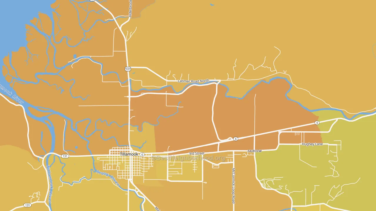 Map of the best neighborhoods in the Hathaway Mead area, with better matches in green and worse matches in red