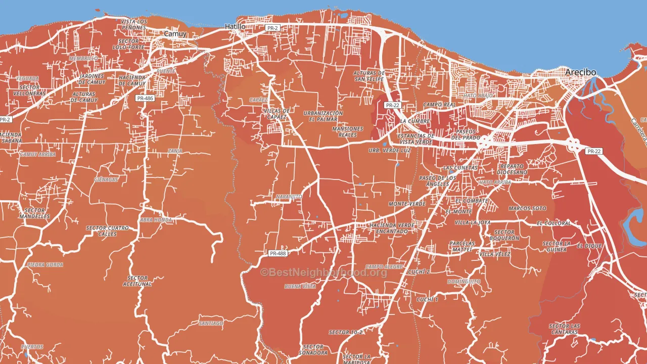 Map of the best neighborhoods in the Hatillo Municipio area, with better matches in green and worse matches in red