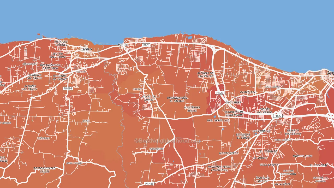 Map of the best neighborhoods in the Hatillo area, with better matches in green and worse matches in red