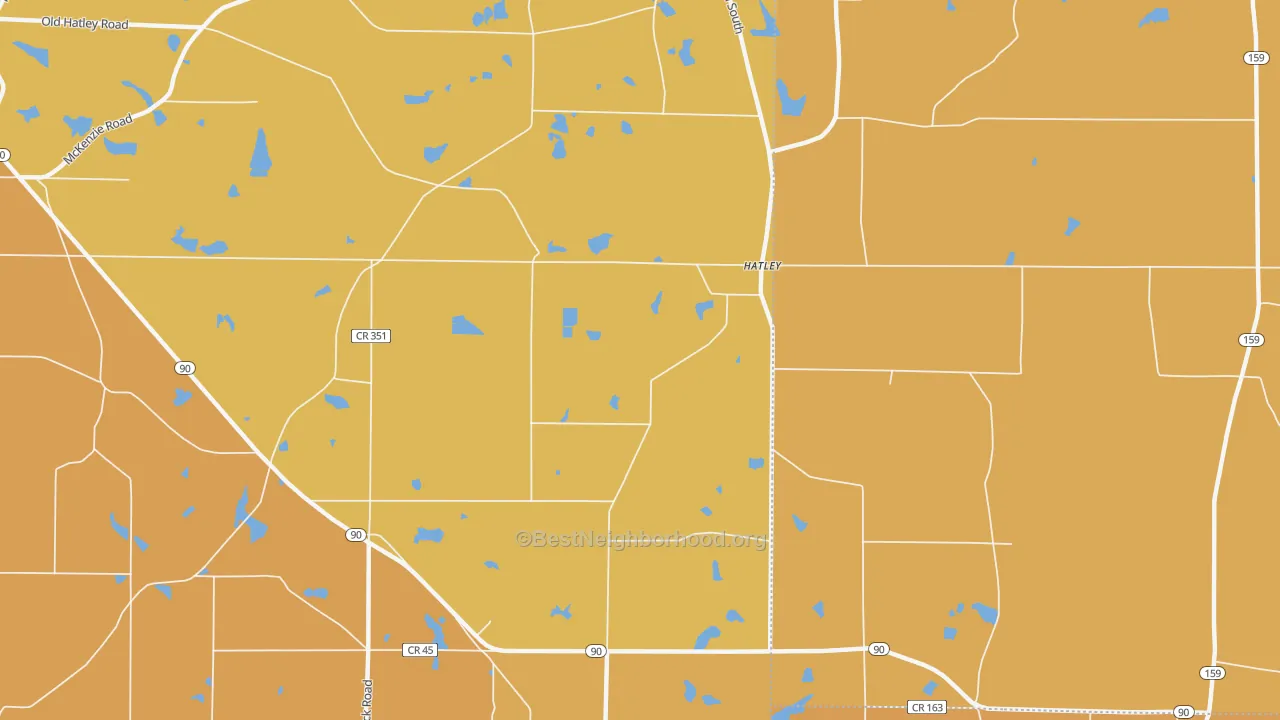 Map of the best neighborhoods in the Hatley area, with better matches in green and worse matches in red
