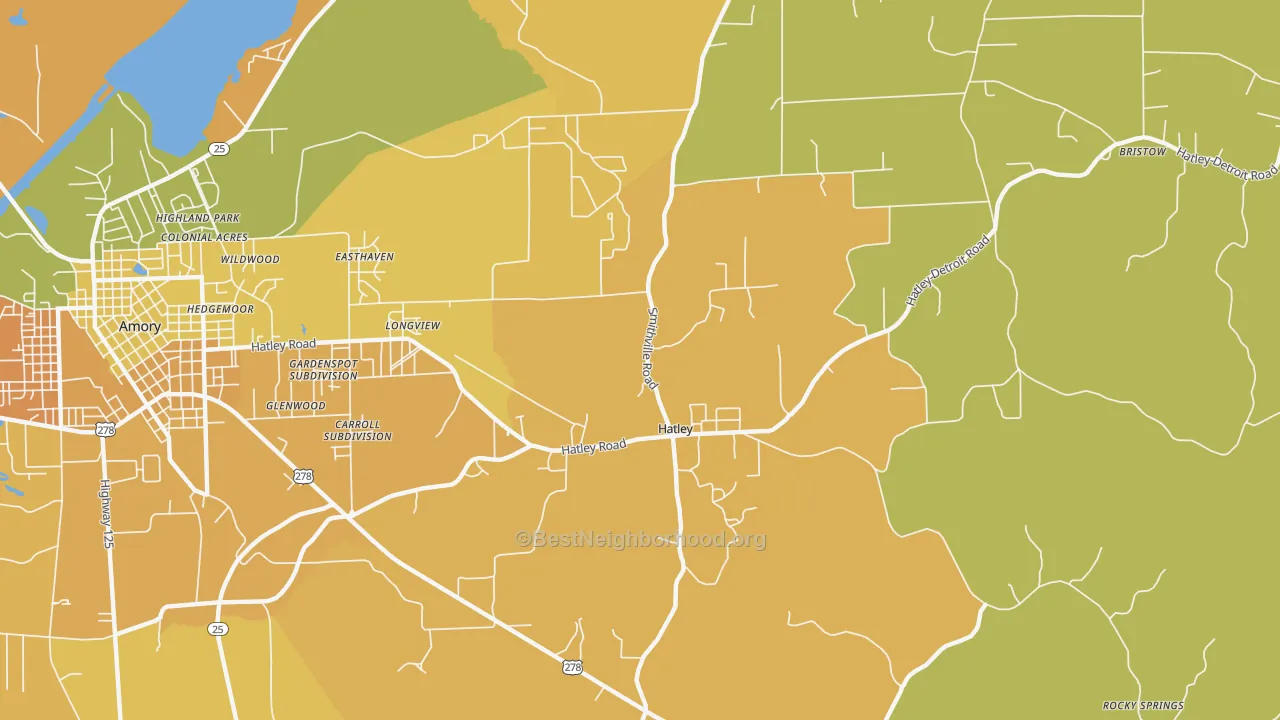 Map of the best neighborhoods in the Hatley area, with better matches in green and worse matches in red
