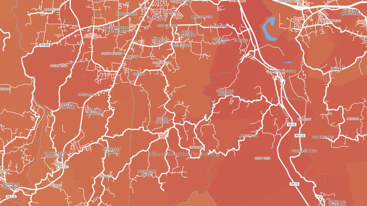 Map of the best neighborhoods in the Hato Viejo area, with better matches in green and worse matches in red