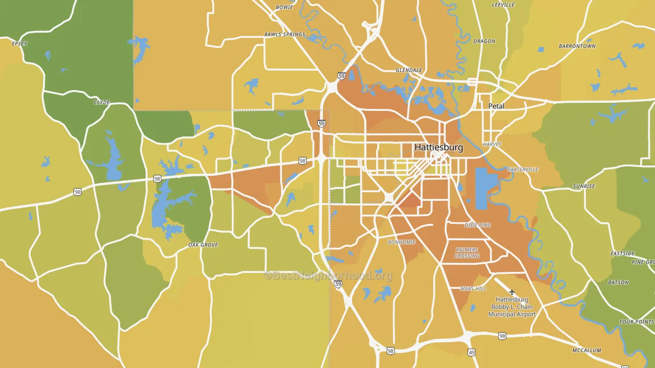 Map of the best neighborhoods in the Hattiesburg Metro area, with better matches in green and worse matches in red